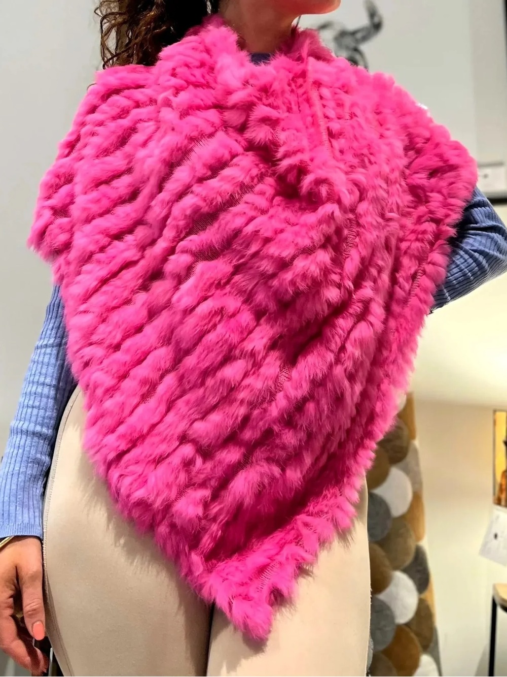 W.O.N.Y pink knitted genuine rabbit fur poncho